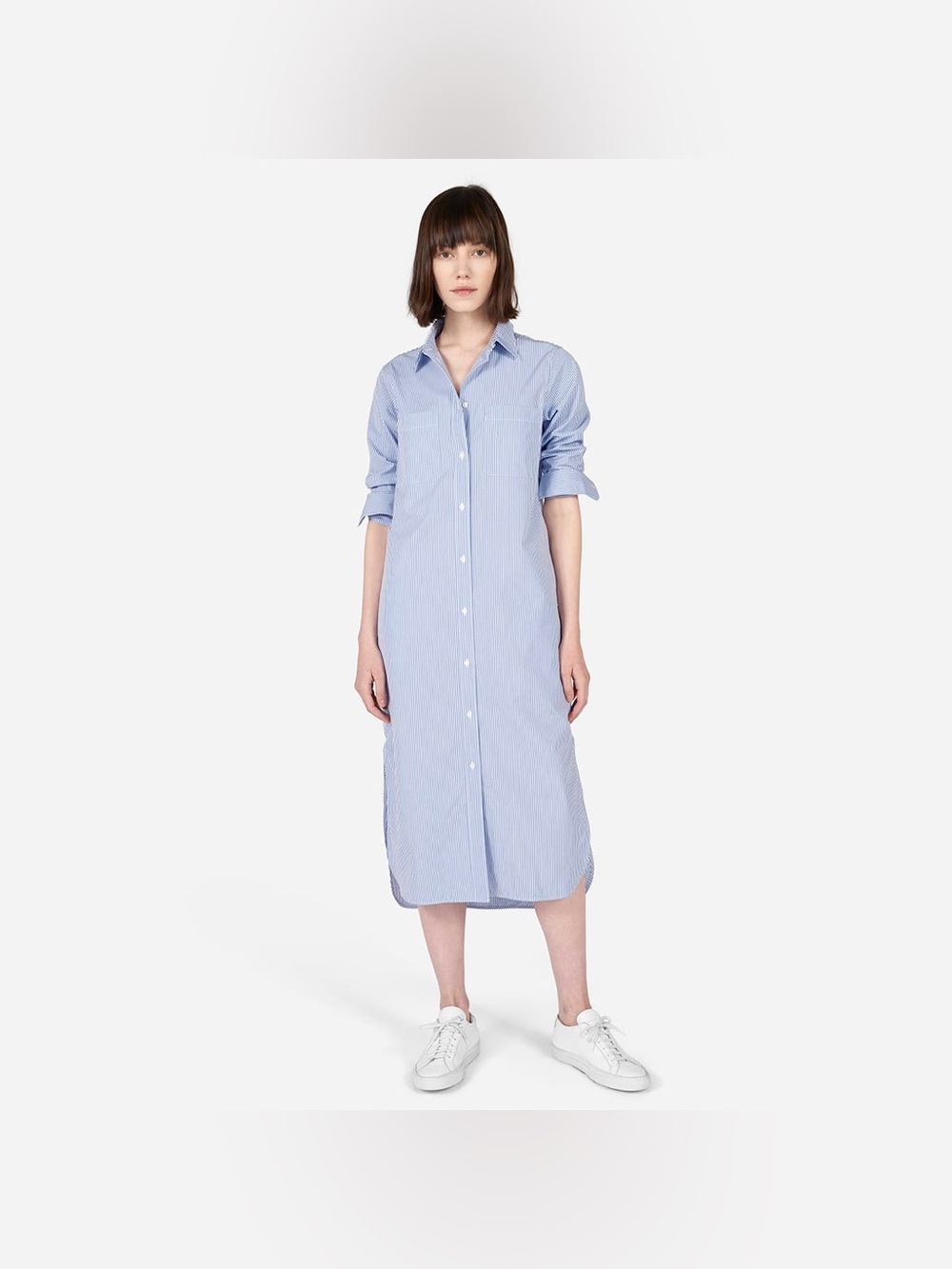 Everlane Striped Cotton Poplin Shirt Dress Blue & White Midi Long Sleeve Size 00